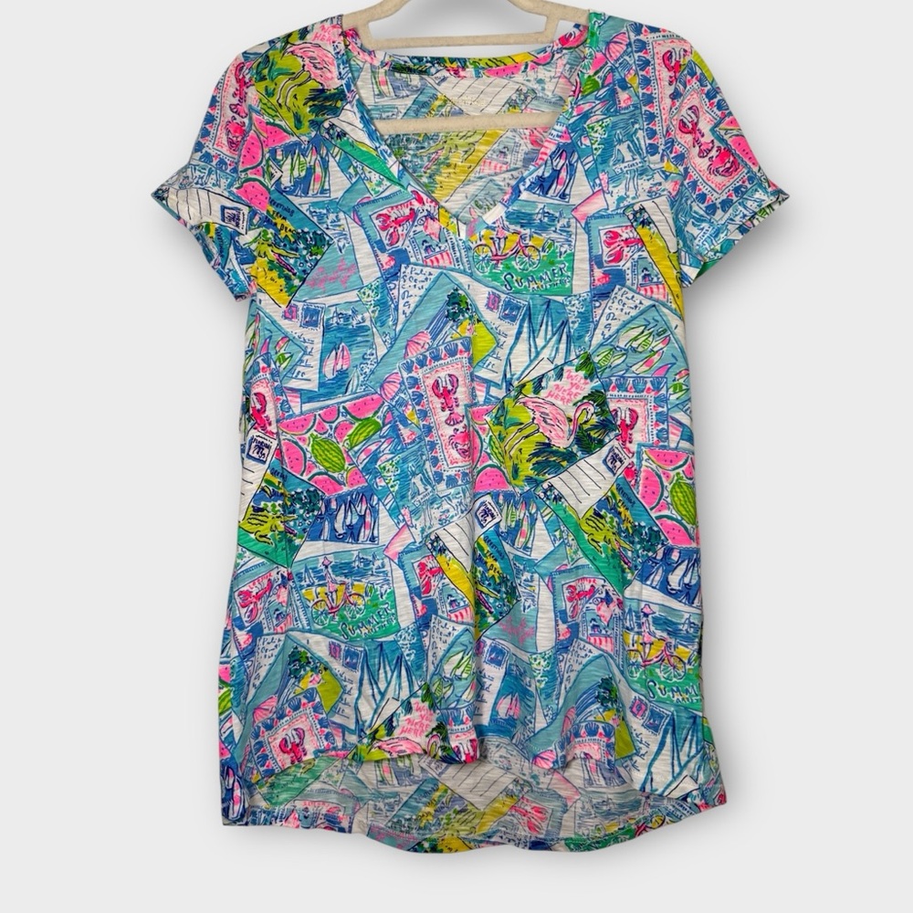 NWT Lilly Pulitzer Etta Pop Up Wish You Were Here V-Neck Cotton Top | Small